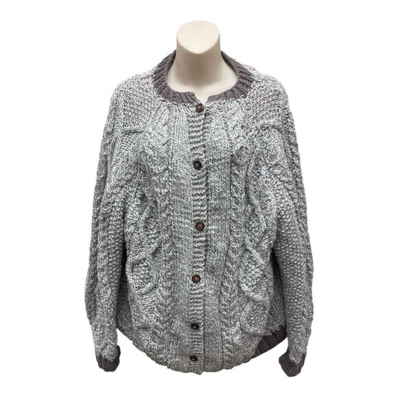 Handmade Knit Cardigan Button Up Sweater Size XL Contrast Trim Classic - Picture 1 of 6